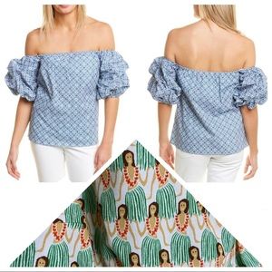 Revolve x Petersyn Top Tara Off Shoulder Blouse Puffy Sleeves Hula Green L